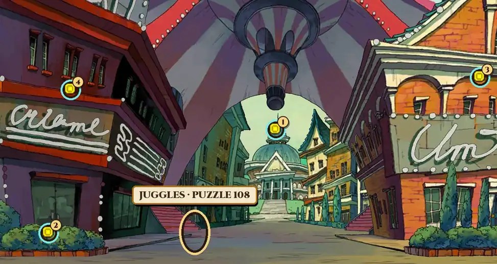 Carnival Arcade: a street running under a huge striped tent, with shops on both sides and a domed building at the far end, a gold ring in the road on the left with a plate reading Juggles, Puzzle 108, and four numbered hint-coin markers under the tent, in the bush on the left and in the windows above the shops on the right and on the left