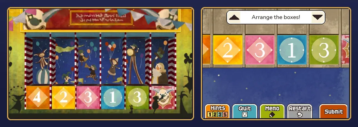 The finished puzzle: on the top screen, the stage lit up with circus performers in the windows above the boxes 4, 2, 3, 1 and 3 and the clown box; on the touch screen, the four boxes in their spaces in the order yellow 2, pink 3, blue 1, green 3