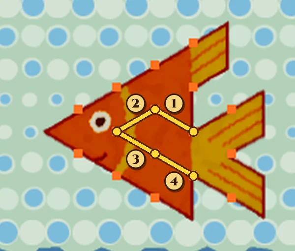 A close-up of the goldfish on the touch screen with four yellow cut lines numbered 1 to 4: line 1 runs up and to the left from where the top of the tail meets the body, line 2 runs down and to the left to the dot behind the eye, and lines 3 and 4 run down and to the right to where the bottom of the tail meets the body