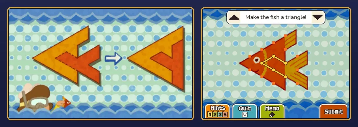 The finished puzzle: on the top screen, the goldfish split into a light piece and a dark piece, an arrow, and the two pieces fitted together as a triangle, with the child swimming in a snorkel mask below; on the touch screen, the goldfish with the four yellow cut lines drawn across its body