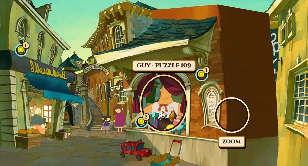Knickknack Alley: a narrow street of shops with a toy stall on the right, a burly stallholder in its window among stuffed toys, a toy car and cart on the ground in front, a gold ring around the stall window with a plate reading Guy, Puzzle 109, three numbered hint-coin markers at an upper-left window, on the stall counter and on the stall's roof bracket, and a ring marked Zoom on the wall to the right of the stall