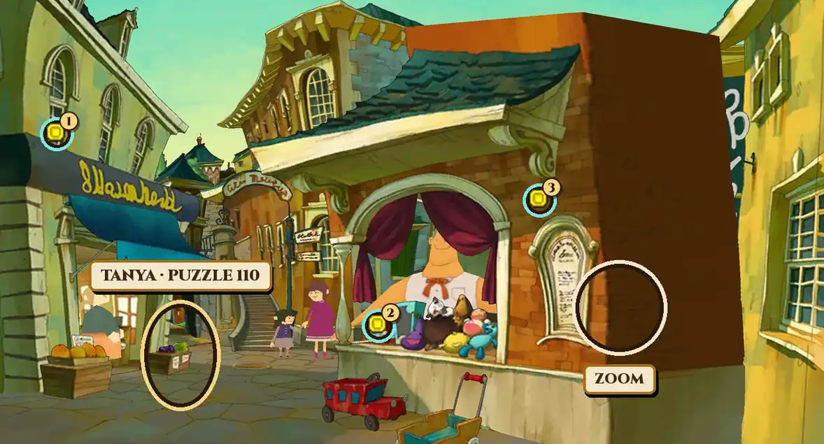 Knickknack Alley: a narrow street of shops with a toy stall on the right, a gold ring by the crates of vegetables in front of the shop on the left with a plate reading Tanya, Puzzle 110, three numbered hint-coin markers at an upper-left window, on the stall counter and on the stall's roof bracket, and a ring marked Zoom on the wall to the right of the stall