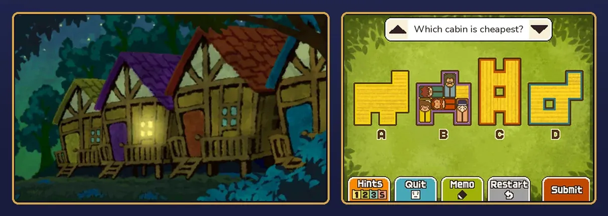The finished puzzle: on the top screen, the row of cabins at night with a light on in one window; on the touch screen, all five sleeping bags fitted into cabin B, with cabins A, C and D empty