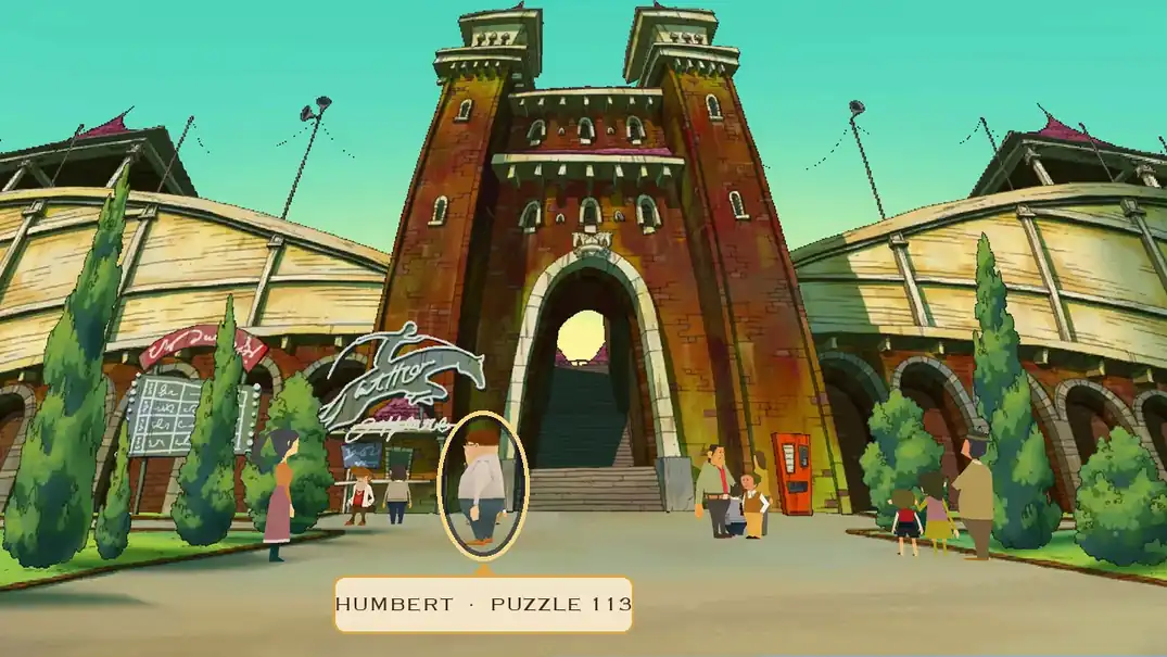 Miracle Mask Racetrack Entrance in Monte d'Or with Humbert the gambler circled among the crowd in front of the racetrack gates