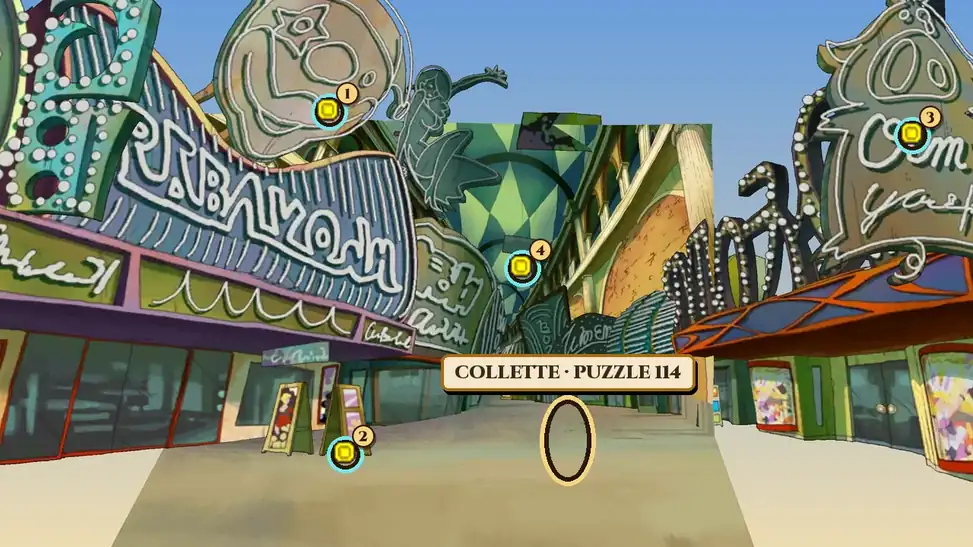 Chance Avenue by day in Professor Layton and the Miracle Mask: a street lined with shop windows under big unlit neon signs, a clown face and an acrobat on the left, a pig-shaped sign on the right and an arcade with a diamond-patterned roof in the distance. A gold ring with the name plate Collette, Puzzle 114 marks a spot in the middle of the street, and four hint coin spots are numbered 1 on the clown sign, 2 at the foot of the signboards on the left, 3 on the pig sign and 4 on a banner hanging far down the arcade