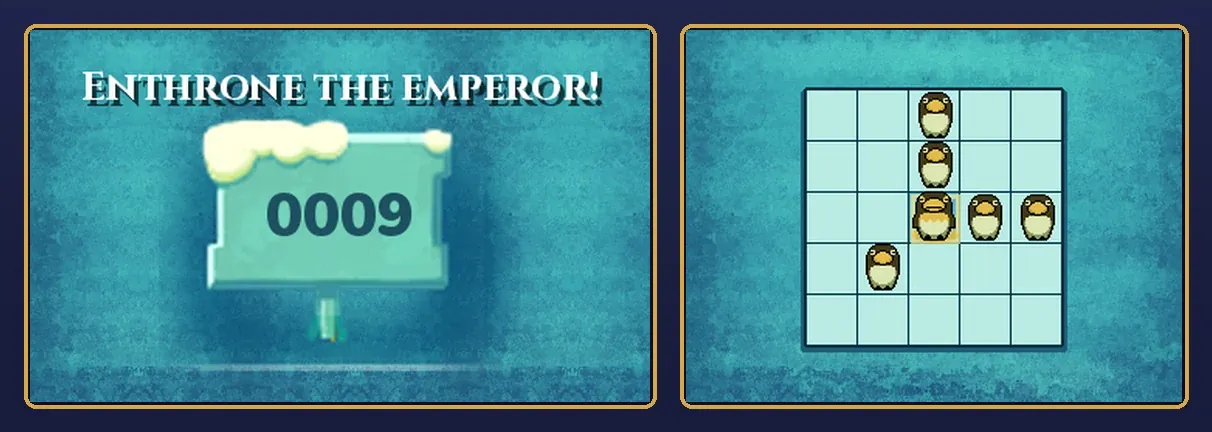 The finished puzzle: the move counter on the ice sign reads 0009, and the emperor penguin stands on the center square of the iceberg with the five small penguins around him