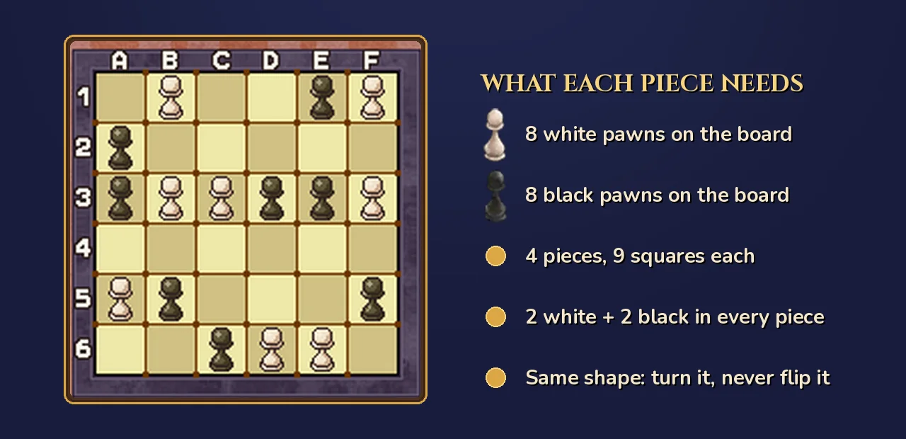 Miracle Mask puzzle 118 starting board: 8 white pawns and 8 black pawns on a 6x6 grid, with the rules for the four pieces