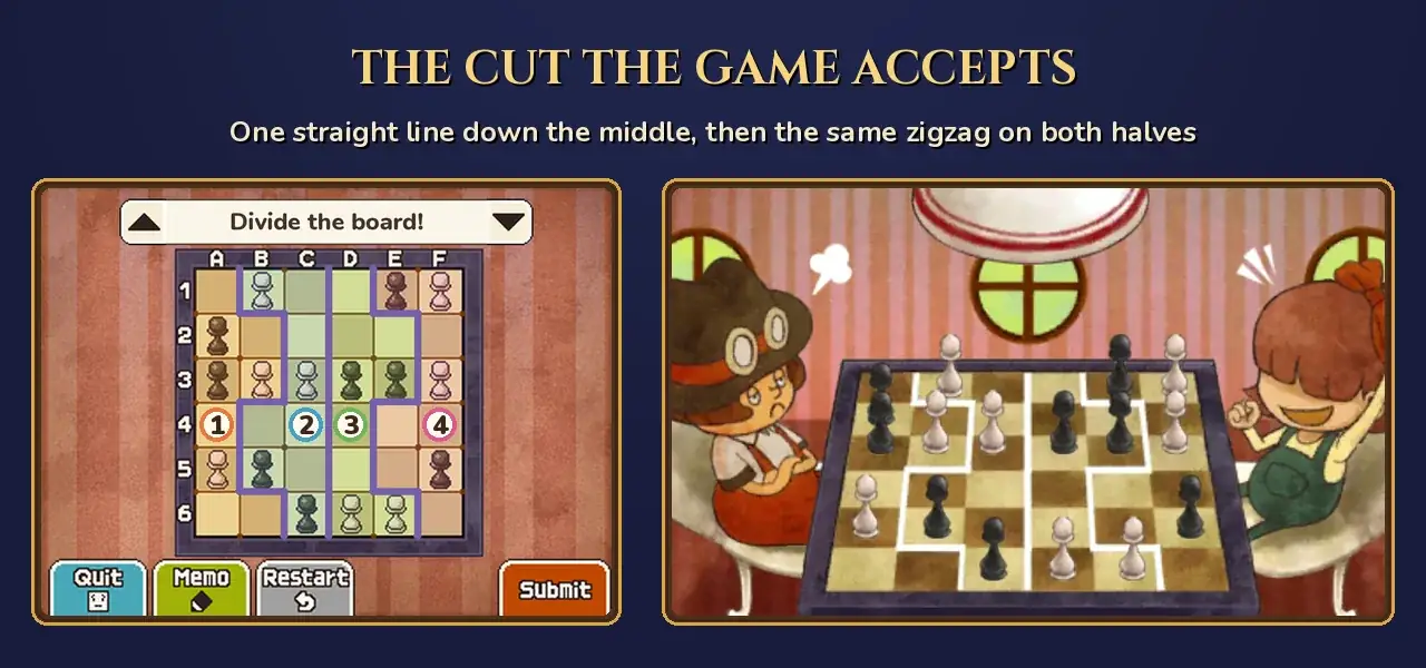 Miracle Mask puzzle 118 solved: a vertical line between C and D and the same zigzag on each half, cutting the board into four 9-square pieces with 2 white and 2 black pawns each, next to the solved chess table