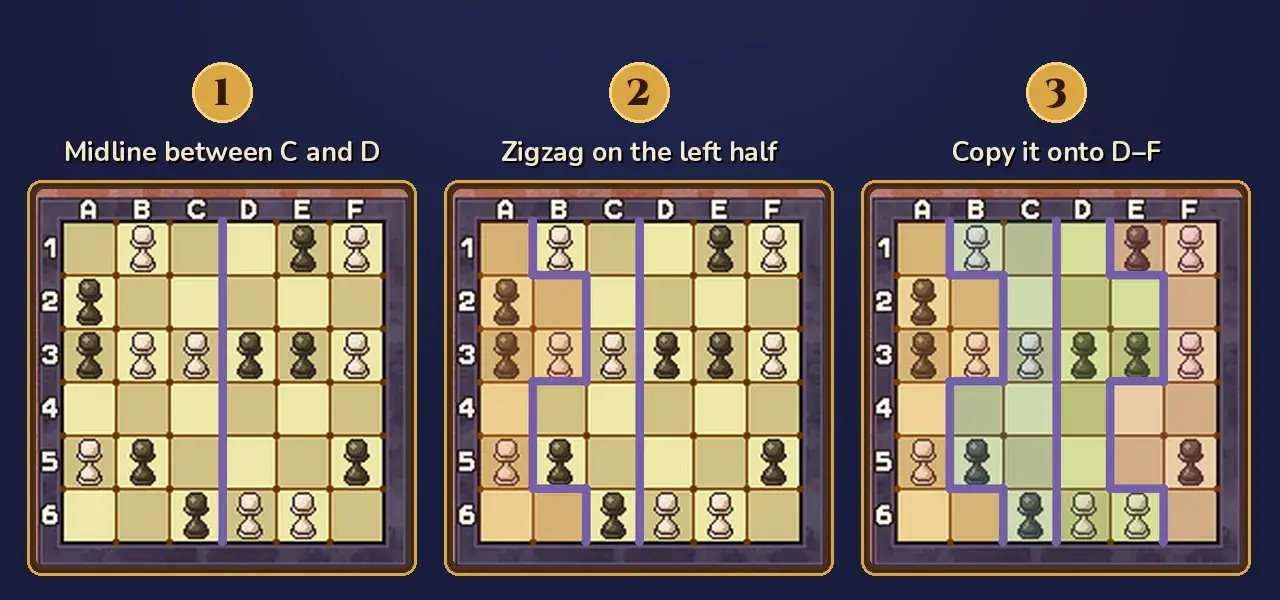 Miracle Mask puzzle 118 drawing order: midline between C and D, zigzag on the left half, the same zigzag copied onto columns D to F