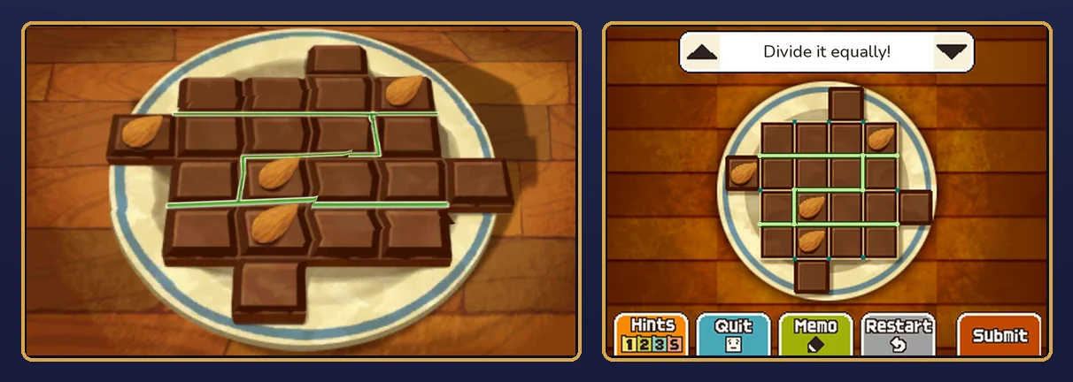 Cuts dividing the chocolate into four matching pieces.
