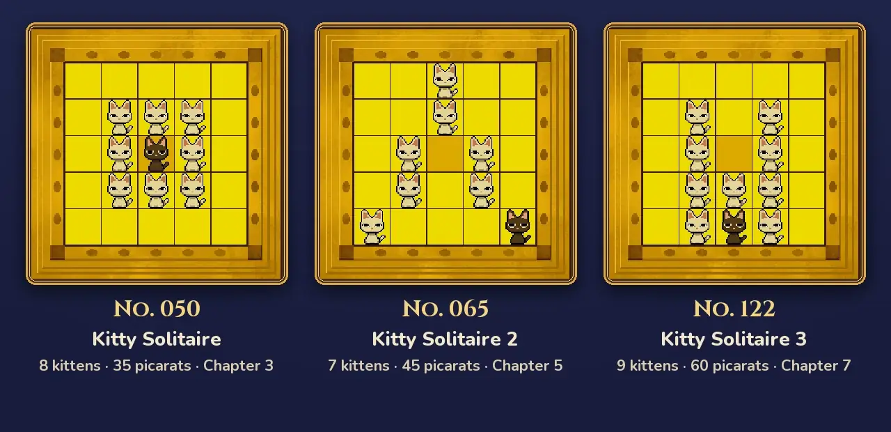 Kitty Solitaire puzzles in Miracle Mask: Puzzle 050 with 8 kittens and Lucky in the middle, Puzzle 065 with 7 kittens and Lucky in the bottom-right corner, Puzzle 122 with 9 kittens and Lucky at the bottom of the middle column