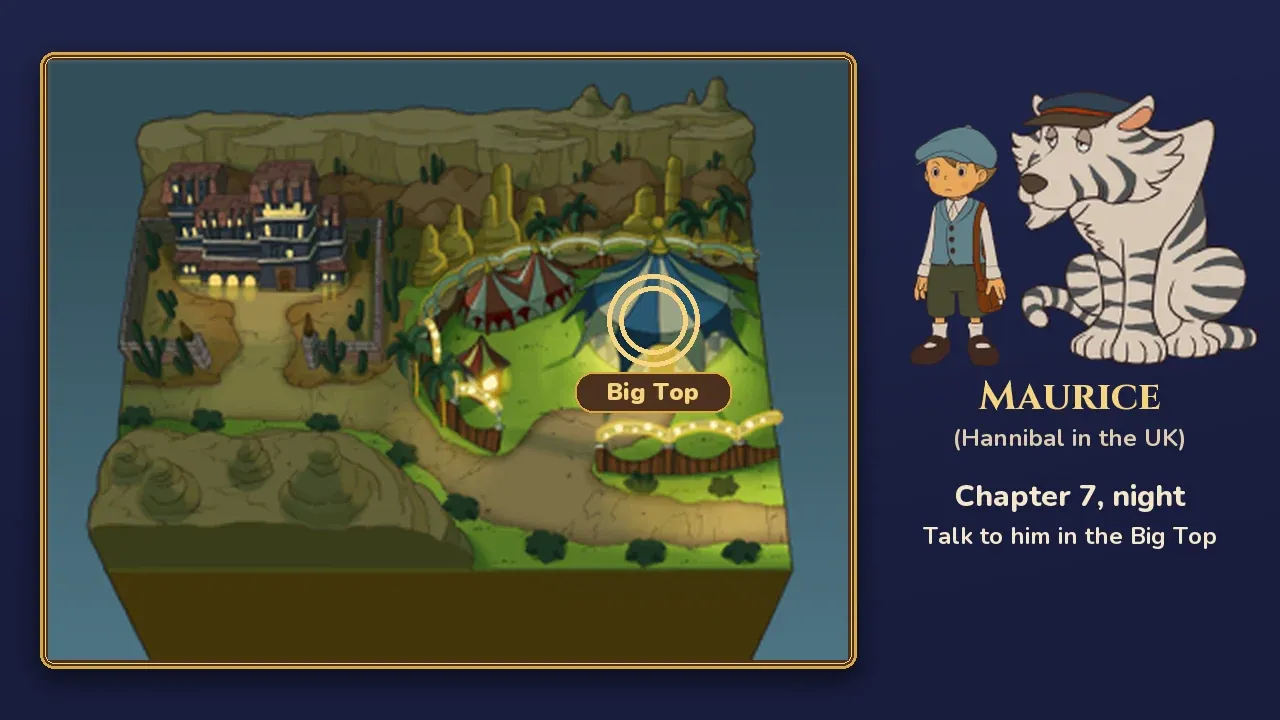 Where to find Puzzle 122 in Miracle Mask: the Big Top in the circus area at night, with Maurice the circus tiger (Hannibal in the UK version) and Luke