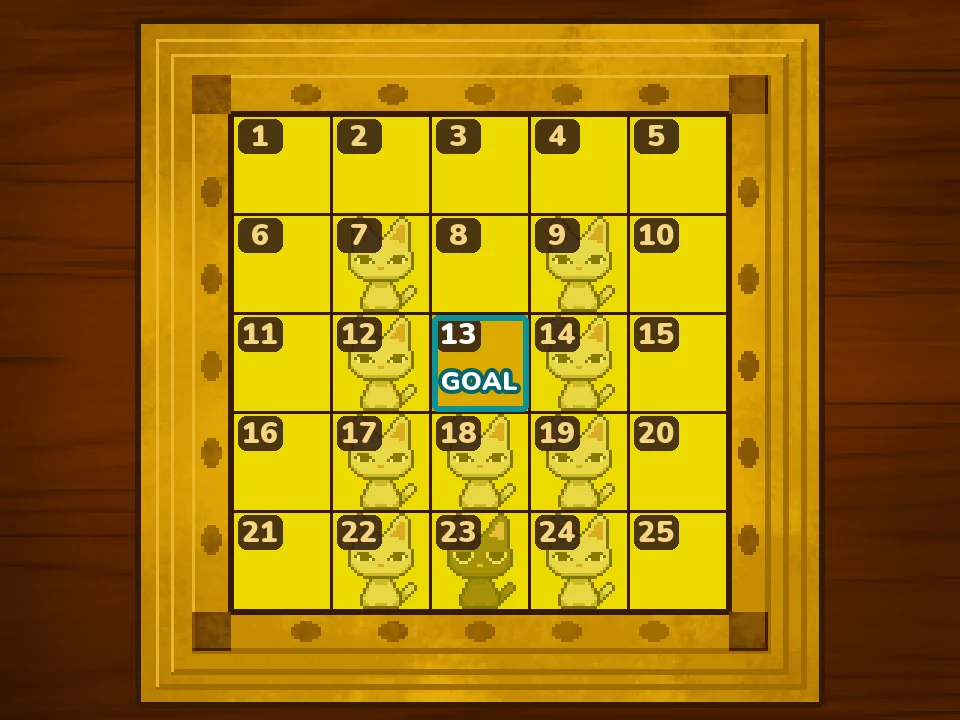 Kitty Solitaire 3 board with squares numbered 1 to 25: kittens on 7, 9, 12, 14, 17, 18, 19, 22 and 24, Lucky on 23, goal square 13 in the middle