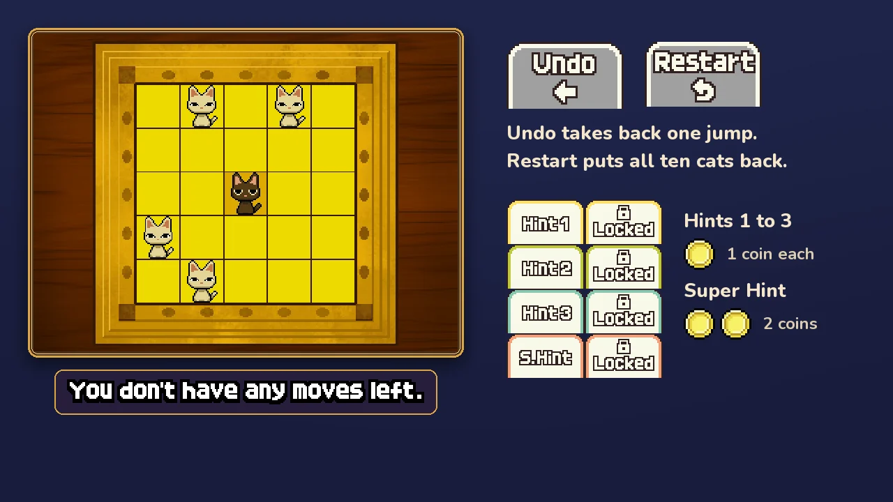 Kitty Solitaire 3 out of moves: Lucky in the middle with kittens stuck on 2, 4, 16 and 22, the message You don't have any moves left, the Undo and Restart buttons, and the hint tabs with one hint coin each