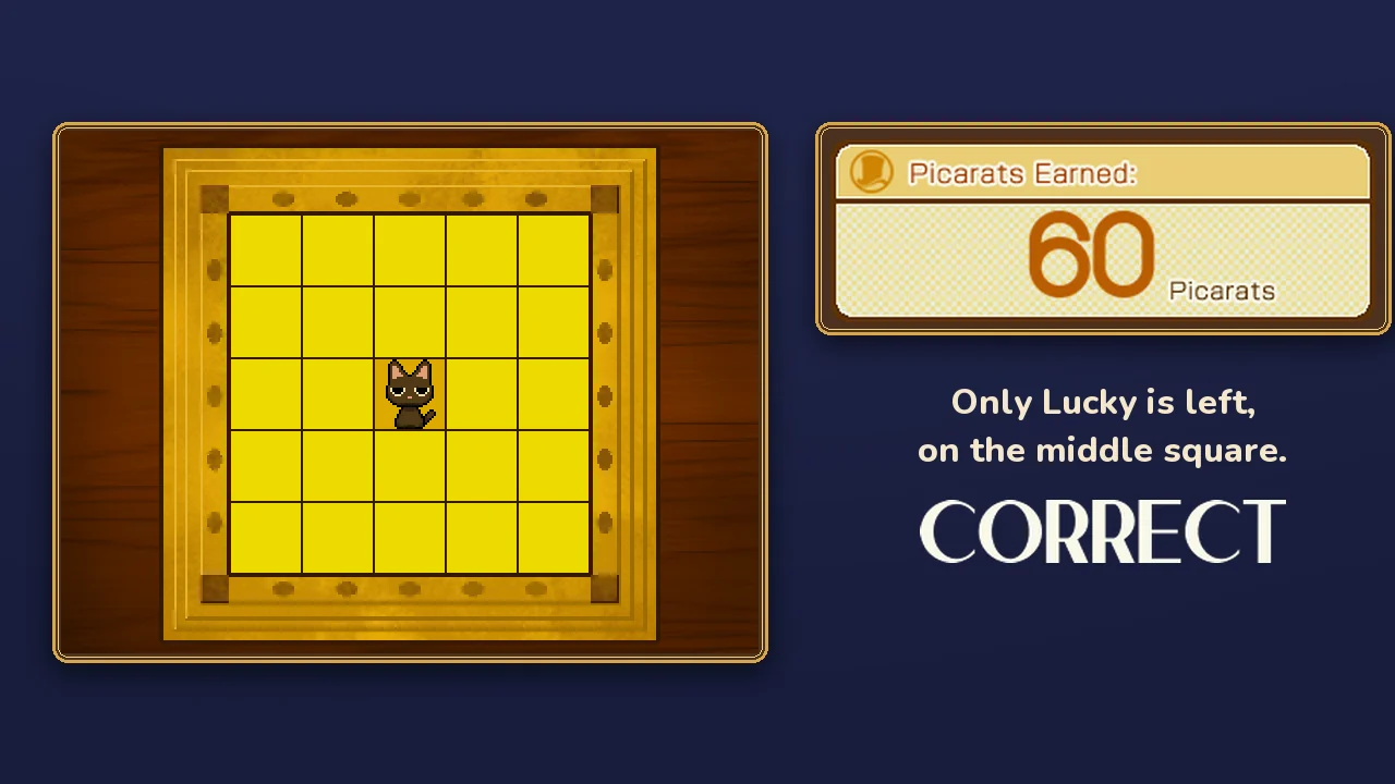 Kitty Solitaire 3 solved: only Lucky is left on the middle square, 60 picarats earned