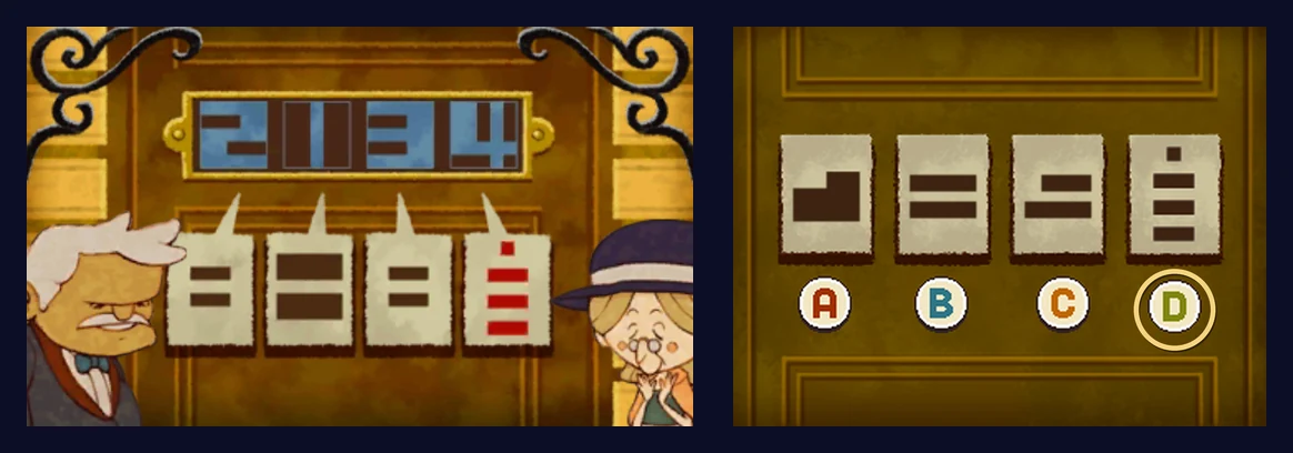The finished puzzle: on the top screen, the number panel on the door reading 2134, with brown plates covering parts of each blue square so that the uncovered space forms each digit, and the fourth card now showing D's plates in red; on the touch screen, D circled in gold