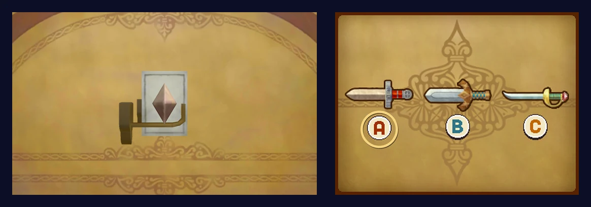 The answer: on the top screen, sword A seen from the point of the blade, a pale rectangular cross guard with a diamond-shaped blade in the middle, like a playing card with a single diamond; on the touch screen, A circled in gold