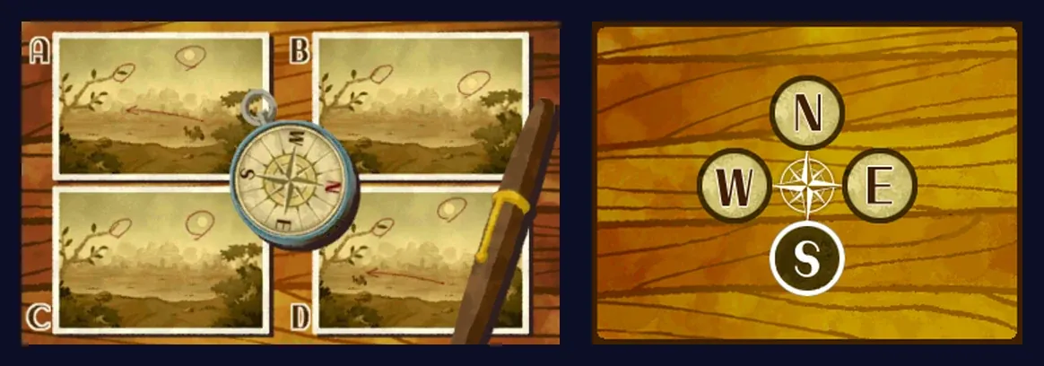 The answer: on the top screen, the four photos with the sun and the falling leaf circled in red and red arrows showing the carriage moving left, a pocket compass laid over the middle with W at the top, S on the left and N on the right, and a long brown case on the right; on the touch screen, the S button lit