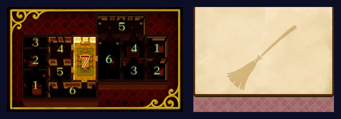The answer: the suite's floor plan with the large left-hand central room, the one with the long dining table, lit in gold and marked 7; the six other rooms of the left half are numbered 1 to 6, and the six rooms of the right half are numbered 1 to 6 counting toward the middle; on the touch screen, the broom
