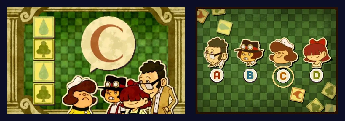 The answer: on the top screen, a big speech bubble with the letter C over the four players, with the cards fire, wood and water down the left; on the touch screen, C's face circled in gold