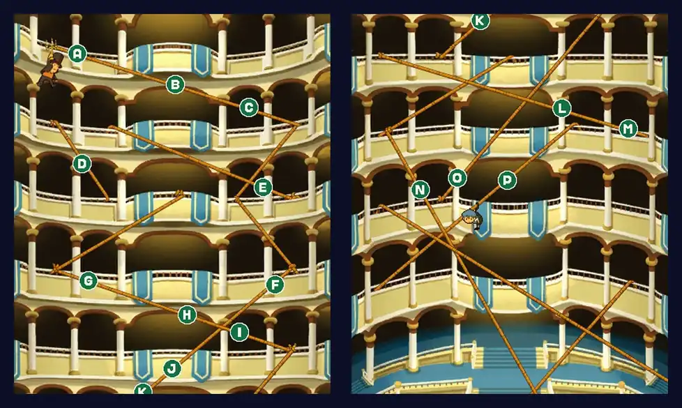 The rope layout with its lettered jump points.