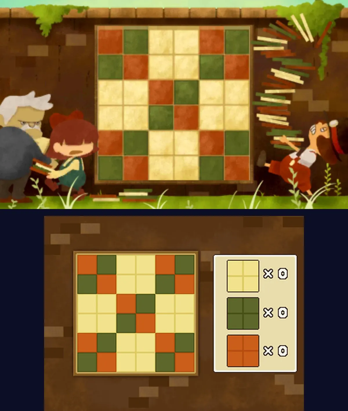 A Pattern of Tiles solved: on the top screen the old man and the girl beside the mural while a third character tumbles backwards as a stack of tiles flies up, and on the touch screen the finished pattern in the frame, matching the mural, with all three pile counts at zero
