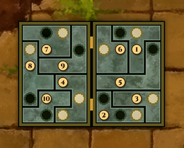 The closed-up answer on the touch screen: both halves of the case filled with ten grey-green blocks, each with its number badge. Left half: 7 across the top left, 9 down the right edge and along the third row, 8 down the left edge, 4 in the bottom right, 10 in the bottom left. Right half: 6 in the top left, 1 as a T in the top right, 5 across the fourth row and up the right edge, 3 and 2 fitted together along the bottom