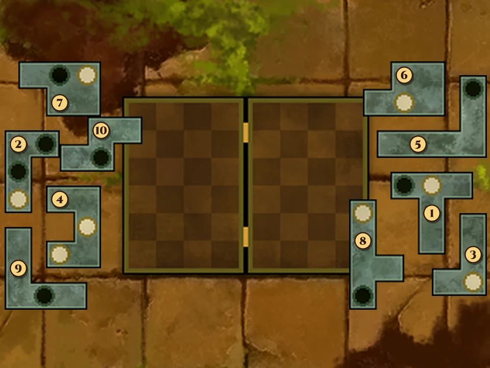 The touch screen at the start, larger: the open case as two empty brown checkered halves, with ten grey-green stone blocks around it, each marked with a number badge from 1 to 10; the blocks have white studs and black holes