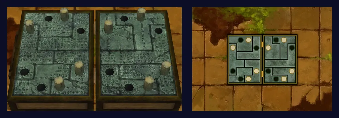 Cursed Case 2 solved: on the top screen the wooden case filled with grey-green stone blocks carved with writing, with wooden studs standing up and dark holes in both halves; on the touch screen both halves of the case filled with the ten blocks