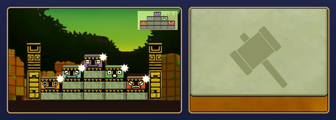 Poke 'Em Totems 3 solved: on the top screen, five columns forming a podium two, three, four, three and two blocks high, topped by the yellow, blue, purple, green and red heads, each with a white sparkle, between the two carved pillars, with the small goal board at the top right, and the mallet pad on the touch screen