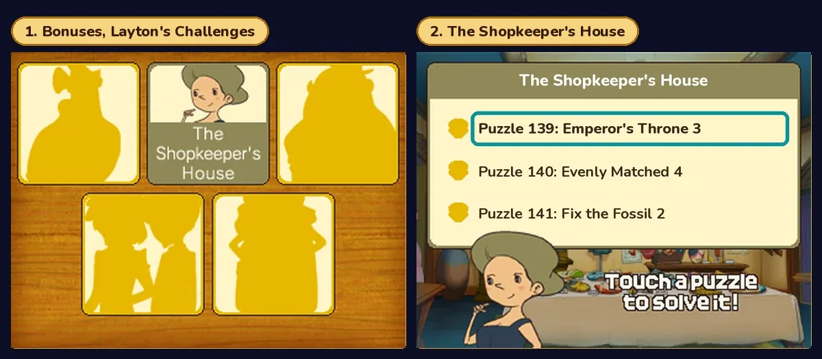 Two menu screens side by side: on the left, the Layton's Challenges menu on a wooden board with five house buttons, the second one lit and showing a woman with grey-green hair above the words The Shopkeeper's House, the others as gold silhouettes; on the right, The Shopkeeper's House list with three entries, Puzzle 139: Emperor's Throne 3 marked with a teal box, Puzzle 140: Evenly Matched 4, and Puzzle 141: Fix the Fossil 2, and the words Touch a puzzle to solve it!