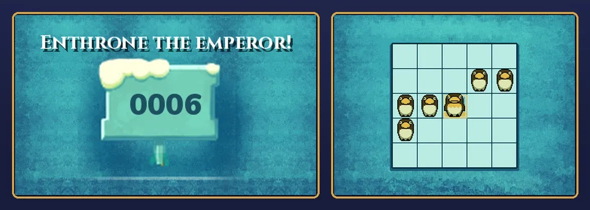 Emperor's Throne 3 solved: on the top screen the move sign reading 0006; on the touch screen the emperor penguin on the lit middle square, with small penguins to his left in the third row, at the left end of the fourth row, and in the second row in the fourth and fifth columns