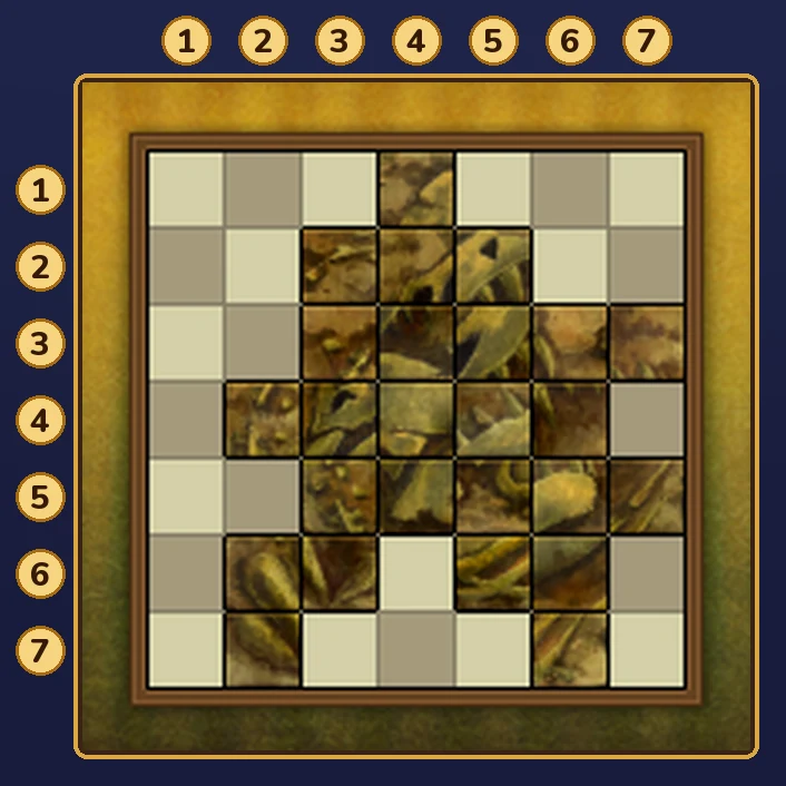 The Fix the Fossil 2 grid at the start, with gold badges numbering the columns 1 to 7 from the left along the top and the rows 1 to 7 from the top down the left side