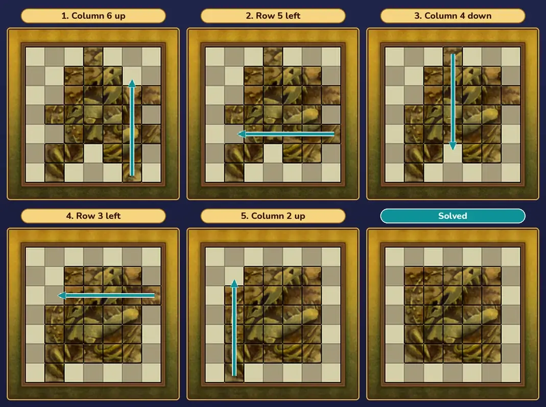 Fix the Fossil 2 solution in six panels: column 6 slides up, row 5 slides left, column 4 slides down, row 3 slides left and column 2 slides up, each with a teal arrow along the moving line, and a last panel showing the finished fossil in the middle of the grid