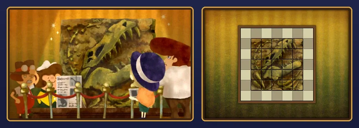 Fix the Fossil 2 solved: on the top screen, the restored fossil of a toothy dinosaur skull glows on its stand while onlookers watch from behind the rope; on the touch screen, all 25 pieces form one square in the middle of the grid