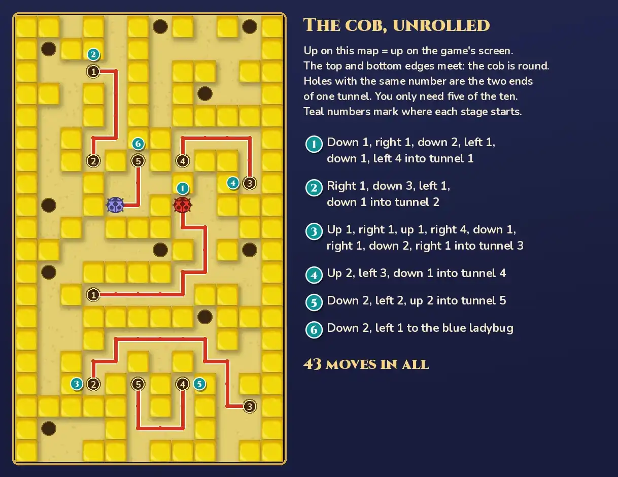 Spinning Maize 3 answer: the full map with a red route from the red ladybug to the blue ladybug, teal badges 1 to 6 marking where each stage starts and the used tunnel holes labelled 1 to 5 at both ends, beside the heading The cob, unrolled with the notes Up on this map = up on the game's screen. The top and bottom edges meet: the cob is round. Holes with the same number are the two ends of one tunnel. You only need five of the ten. Teal numbers mark where each stage starts. Then a list: 1 Down 1, right 1, down 2, left 1, down 1, left 4 into tunnel 1. 2 Right 1, down 3, left 1, down 1 into tunnel 2. 3 Up 1, right 1, up 1, right 4, down 1, right 1, down 2, right 1 into tunnel 3. 4 Up 2, left 3, down 1 into tunnel 4. 5 Down 2, left 2, up 2 into tunnel 5. 6 Down 2, left 1 to the blue ladybug, and 43 moves in all