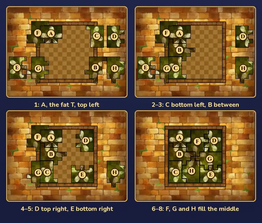 Flowery Footpath 2 build order in four panels: first A in the top-left corner of the frame; then C in the bottom-left corner with B between them; then D in the top-right corner and E in the bottom-right corner; and last F, G and H filling the middle so the frame is full and the five flowers line up