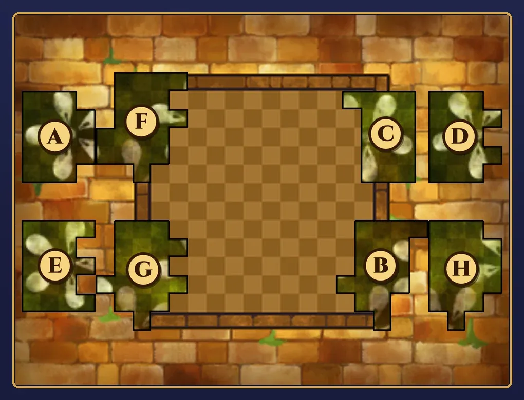 The Flowery Footpath 2 touch screen at the start with gold letter badges on the eight pieces: A at the far upper left, F next to it on the upper-left corner of the frame, C on the upper-right corner of the frame, D at the far upper right, E at the far lower left, G on the lower-left corner of the frame, B on the lower-right corner of the frame and H at the far lower right