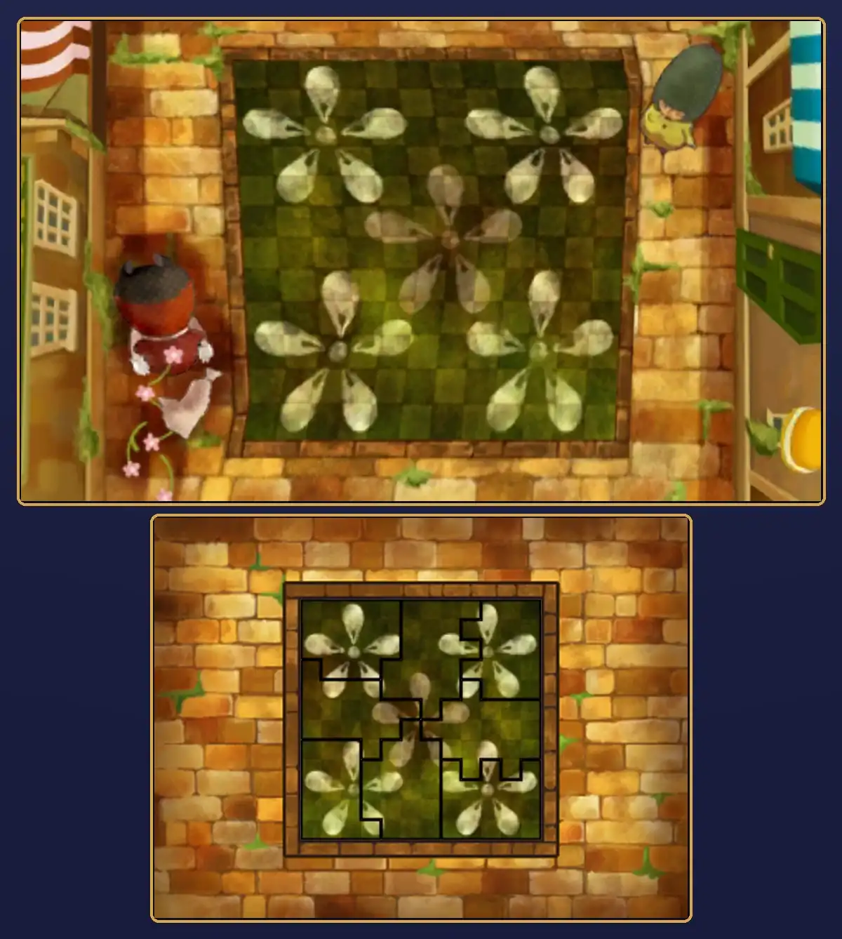 Flowery Footpath 2 solved: on the top screen, the mosaic restored in fresh green squares with five pale flowers while the two onlookers watch; on the touch screen, all eight pieces fill the frame and form the same five flowers