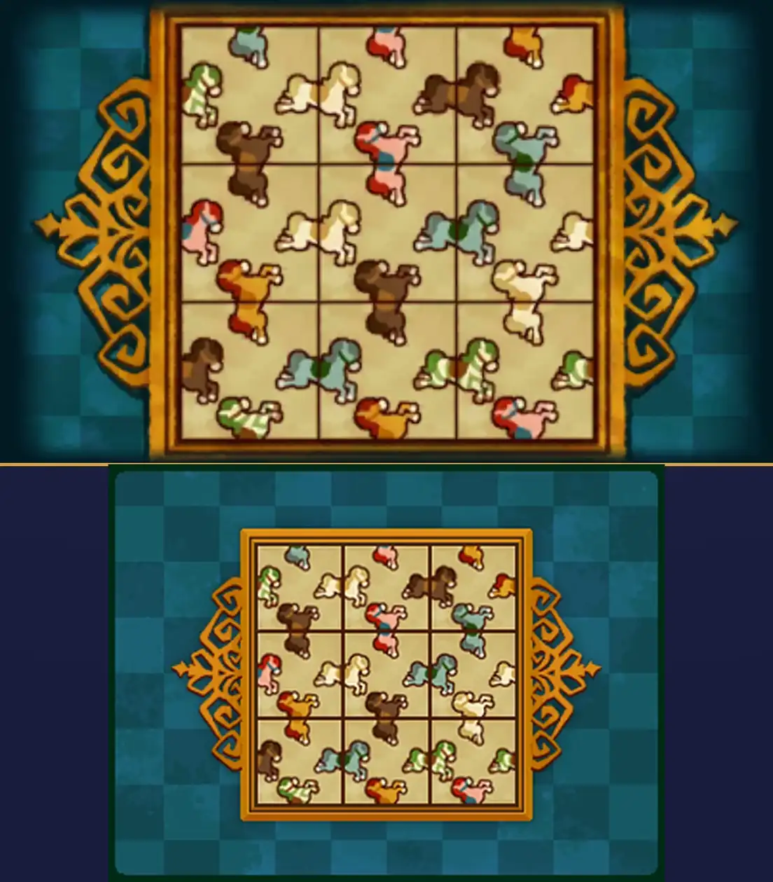 The finished puzzle: on the top screen, the completed board in its gold frame on a teal checked background; on the touch screen, the same nine tiles with every pair of halves where two tiles meet forming one complete horse in a single color