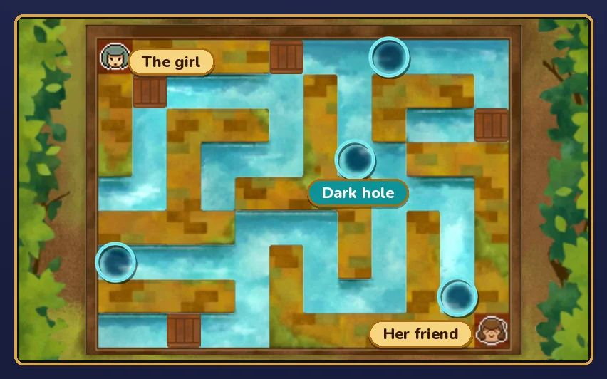 The canal maze seen from directly above at the start: ochre walkways and pale blue canals on a twelve by nine grid with four wooden crates; labels mark the girl in the top-left corner and her friend in the bottom-right corner, and teal rings circle the four dark holes in the water, one of them labelled Dark hole