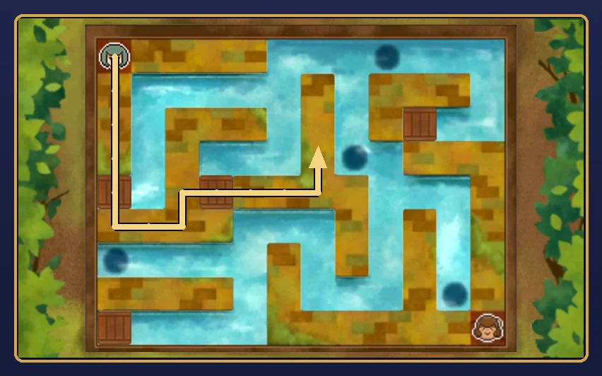 The canals from directly above after move 3: a gold line traces the girl's walk from the top-left corner down the left edge, over a crate, right along a walkway, over a second crate and up onto the central walkway