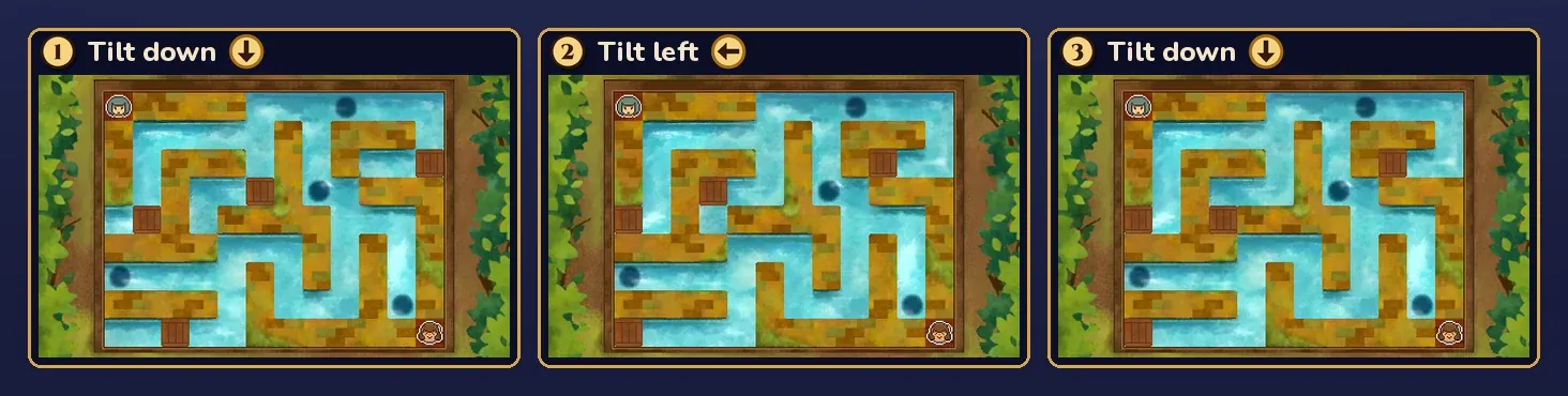 Three panels showing the canals after each of the first three tilts, down, left and down, each labelled with its move number and an arrow; after the third tilt one crate sits below the girl's walkway on the left edge and another sits in the canal just left of the middle