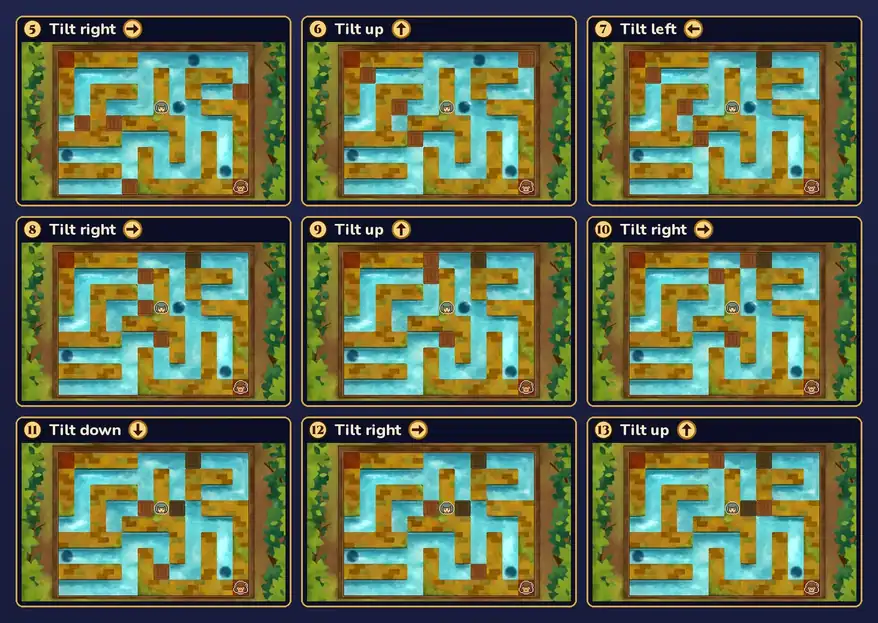 Nine panels showing the canals after each tilt from move 5 to move 13, each labelled with its move number, direction and an arrow; the crates plug the top-right hole on move 7 and the hole next to the central walkway on move 11, and the last panel shows a crate beside that plugged hole