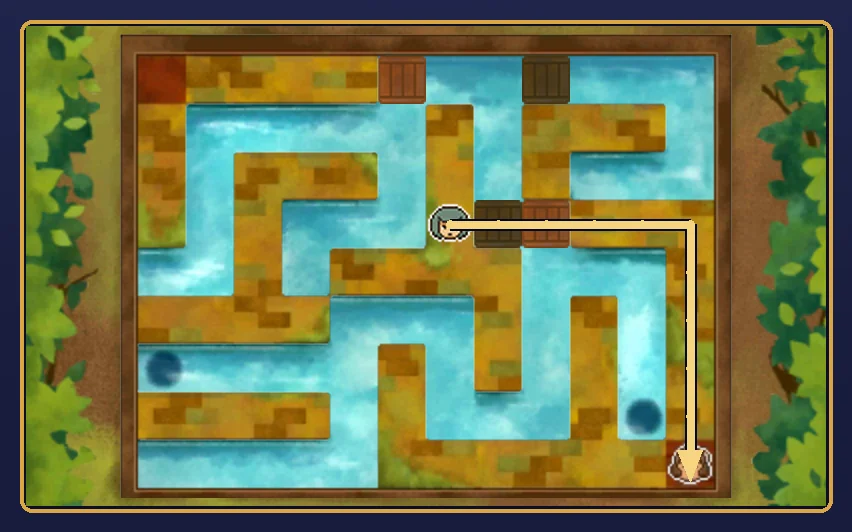 The canals from directly above after move 13: a gold line traces the girl's walk from the central walkway across a plugged hole and a crate, along a walkway to the right edge and down to her friend in the bottom-right corner