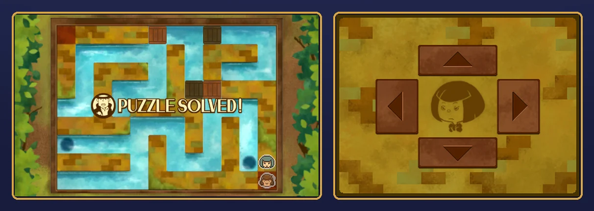 The finished puzzle: on the top screen, the canals with two plugged holes and the crates in place, the girl's face just above her friend's face in the bottom-right corner and a Puzzle Solved banner across the middle; on the touch screen, the ochre panel with the four arrow buttons