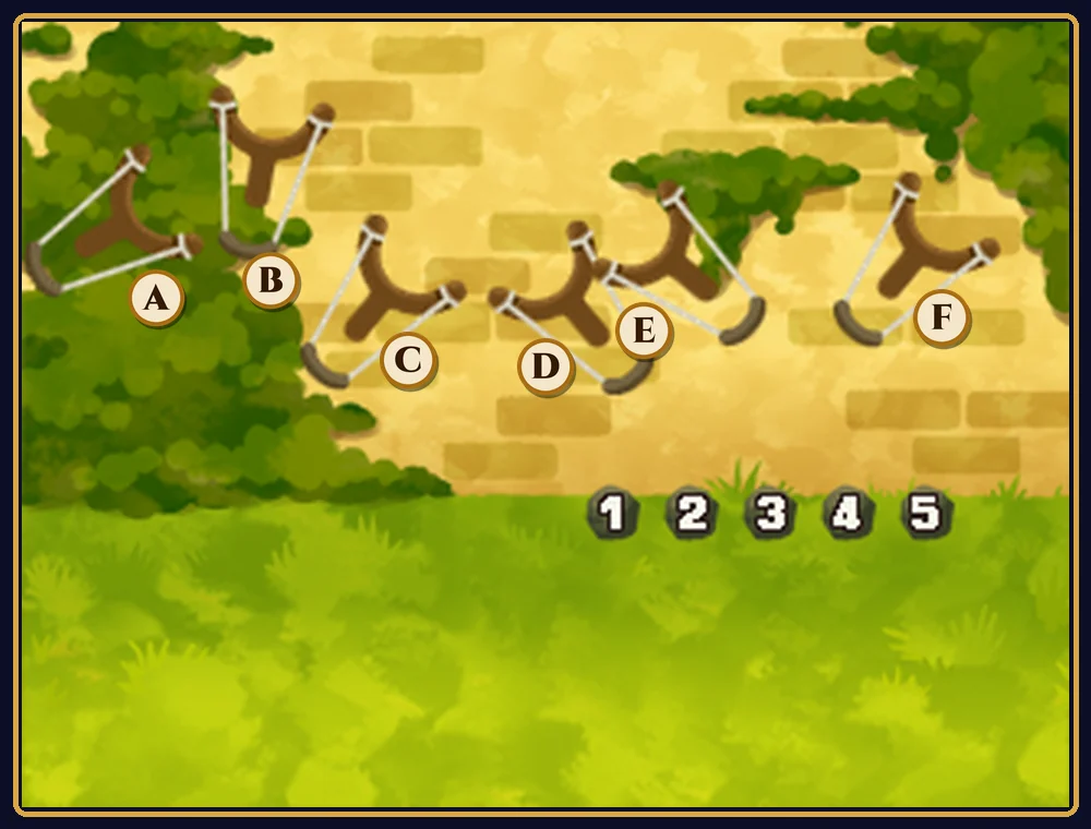 The Puzzle 147 touch screen with the six slingshots labelled A to F from left to right and the numbered stones 1 to 5 waiting on the grass