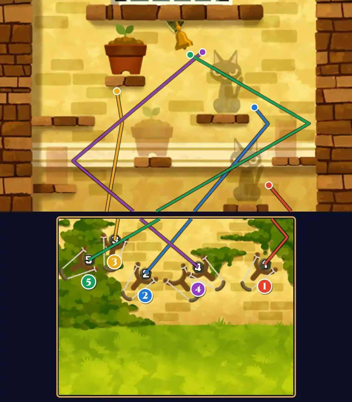 That Rings a Bell 2 solved: five colored shot paths numbered 1 to 5 from slingshots F, C, B, E and A, breaking the lower cat, the right brick, the lower flowerpot, the left brick and the upper cat, with the fifth path bouncing off the right pillar into the bell; the upper flowerpot is still standing