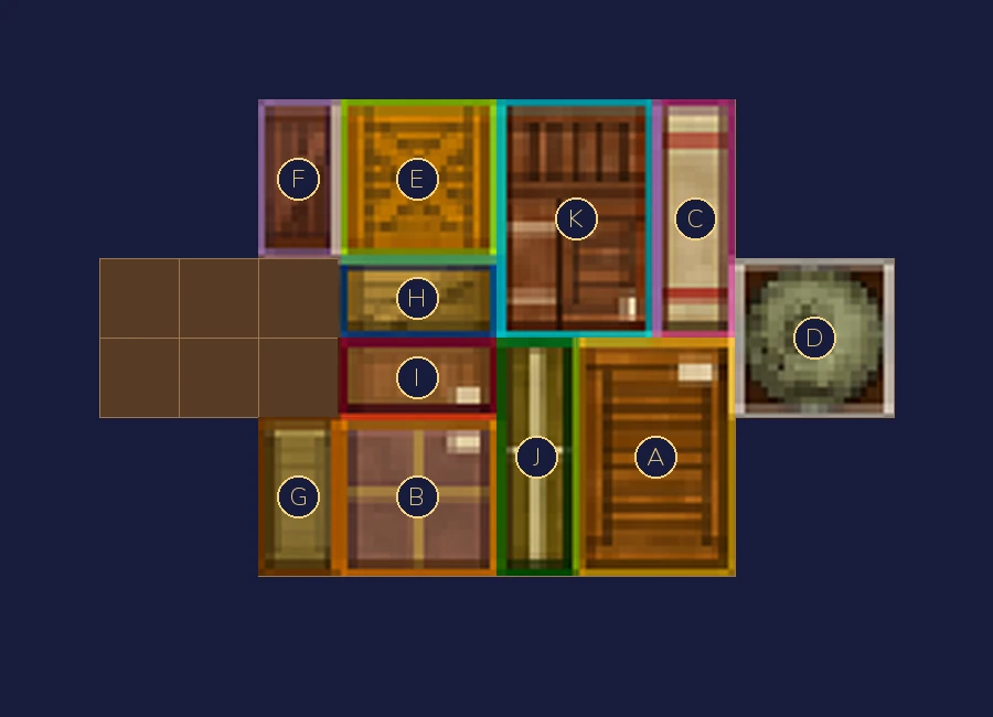 Crates A–K at the starting positions. D is the statue.