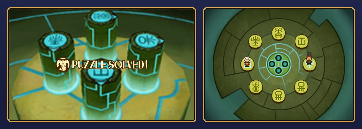 The finished puzzle: on the top screen, the four glowing stone pillars on their round platform with a Puzzle Solved banner across the middle; on the touch screen, Layton on the far-right button and Angela on the far-left one, both buttons glowing